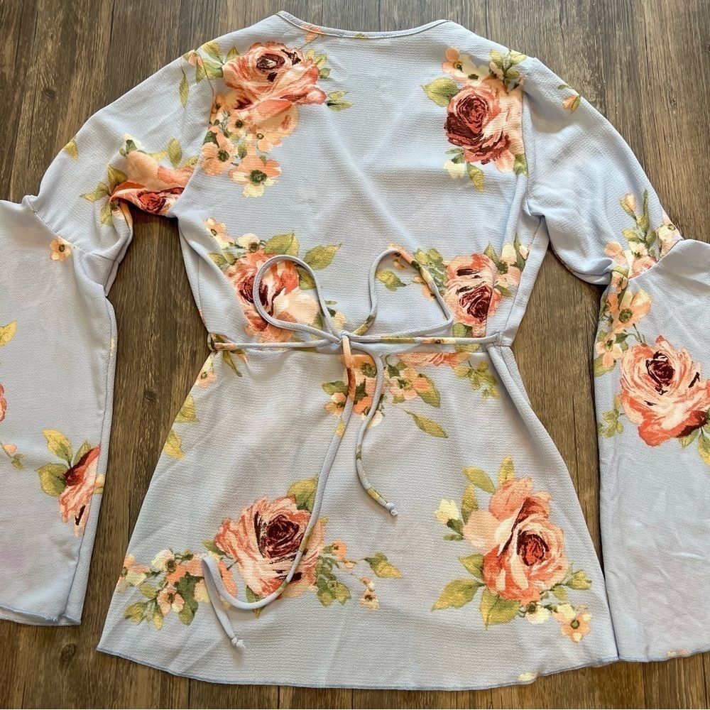 Miley+Molly Floral Blue Peplum Tied up Top Blouse Long Flare Sleeve Summer Y2K S - Picture 11 of 13